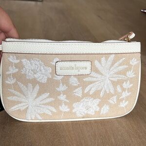Nanette Lepore Floral Embroidered Clutch in Cream and Tan